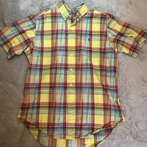 RALPH LAUREN MEN'S SHORTSLEEVES CLASSIC FIT Plaid SHIRT SIZE Large Yellow Red